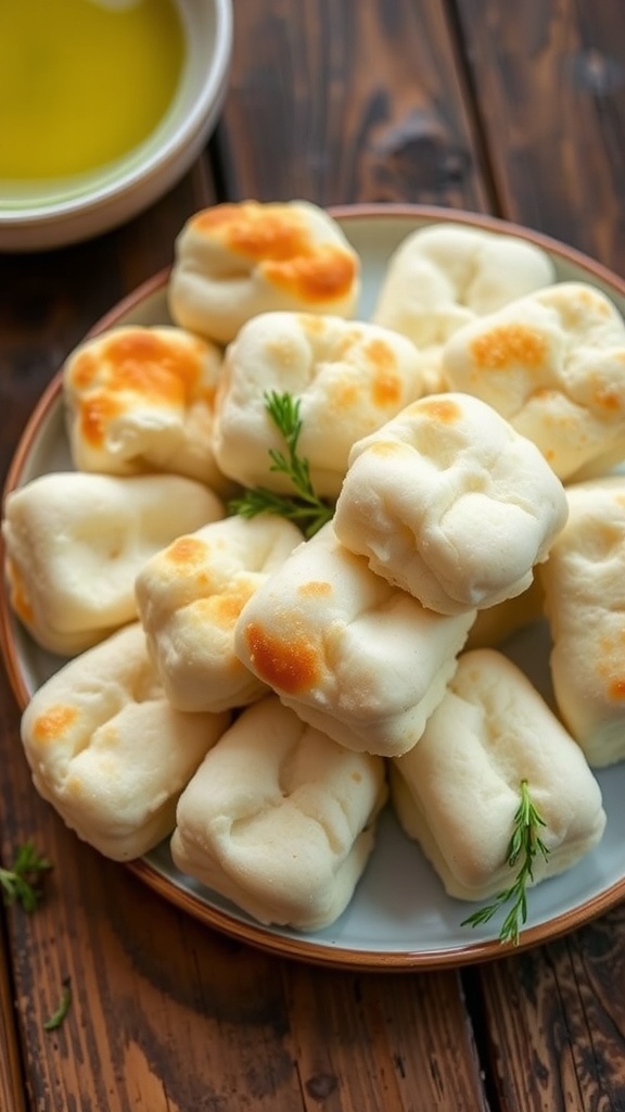 Fluffy yogurt cloud bread on a plate, golden brown with a soft interior, garnished with herbs and olive oil.